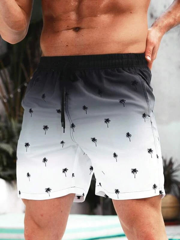 Men Coconut Tree Print Ombre Drawstring Waist Swim Trunks