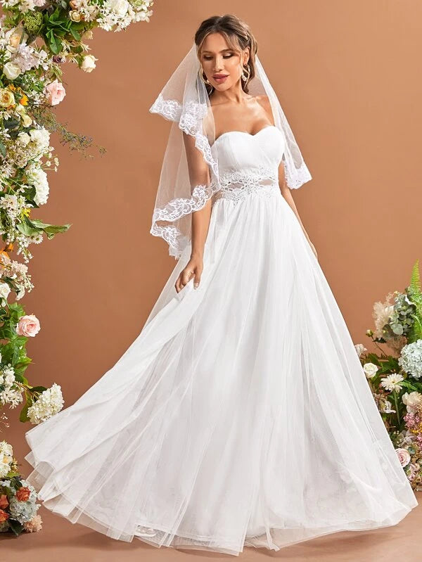 Contrast Guipure Lace Mesh Tube Wedding Dress Without Veil