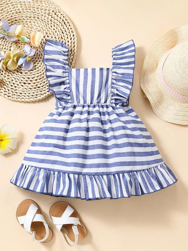 Baby Striped Bow Front Ruffle Hem Dress