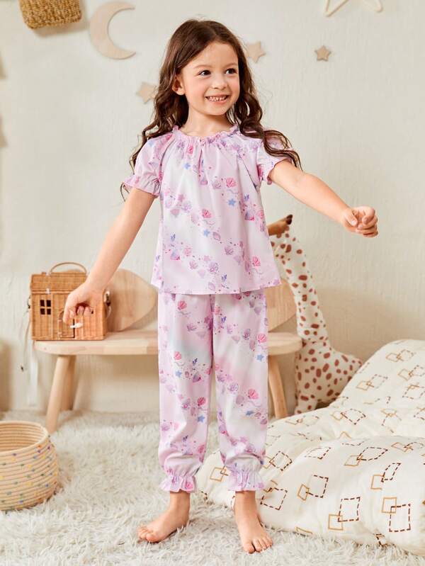 Toddler Girls Shell Print Ruffle Trim PJ Set