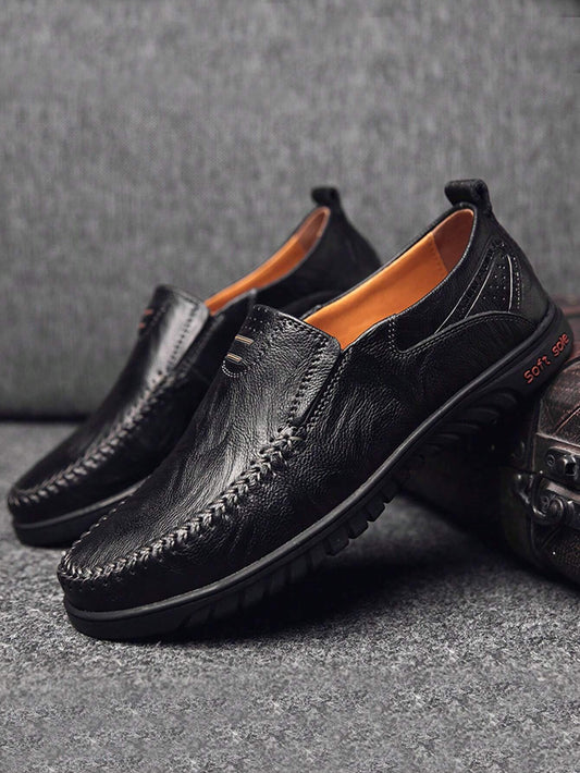 Men Top-stitching Design Slip On Loafers, Leisure Black Casual Loafers