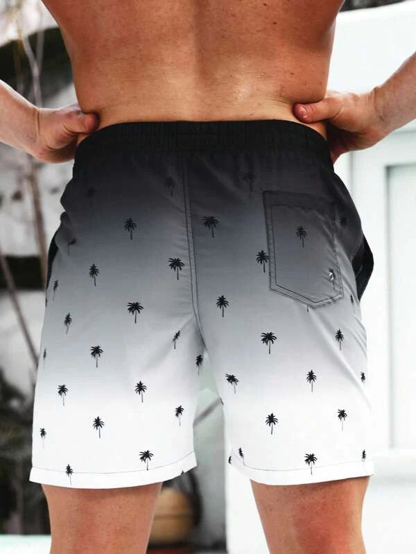 Men Coconut Tree Print Ombre Drawstring Waist Swim Trunks