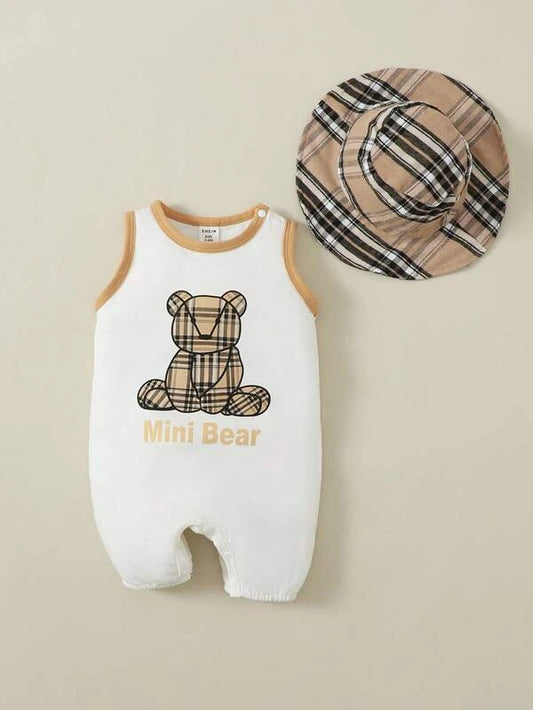 Newborn Baby Bear & Letter Graphic Contrast Binding Romper & Hat