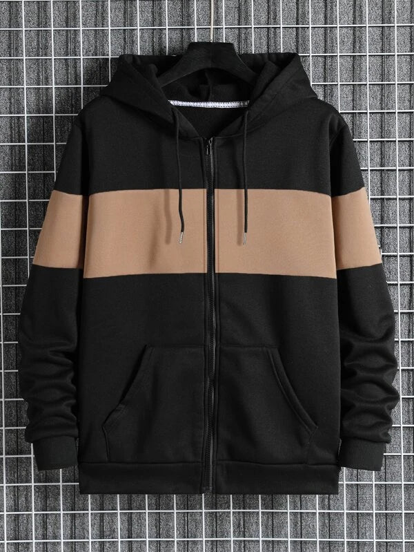 Men Colorblock Zip Up Thermal Lined Drawstring Hoodie