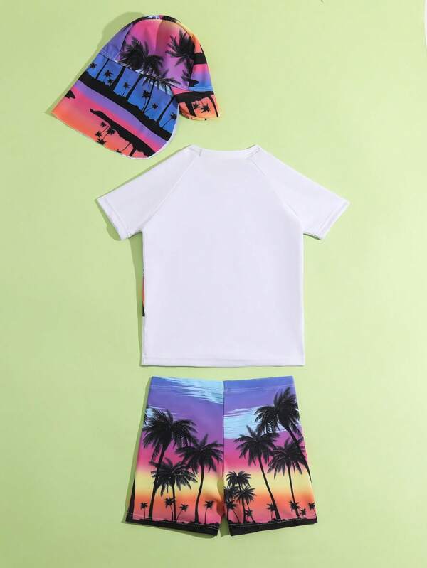 SHEIN Kids SUNSHNE Toddler Boys Coconut Tree Print Beach Swimsuit With Swim Cap