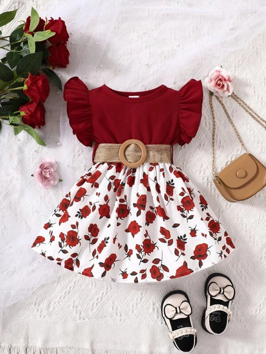 Baby Floral Print Ruffle Trim Belted Dress