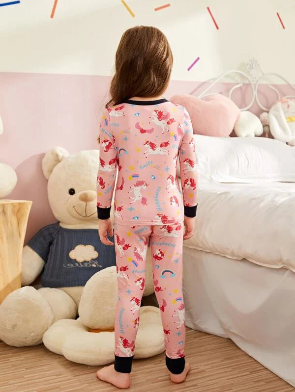 Toddler Girls Unicorn & Letter Graphic Contrast Trim Snug Fit PJ Set