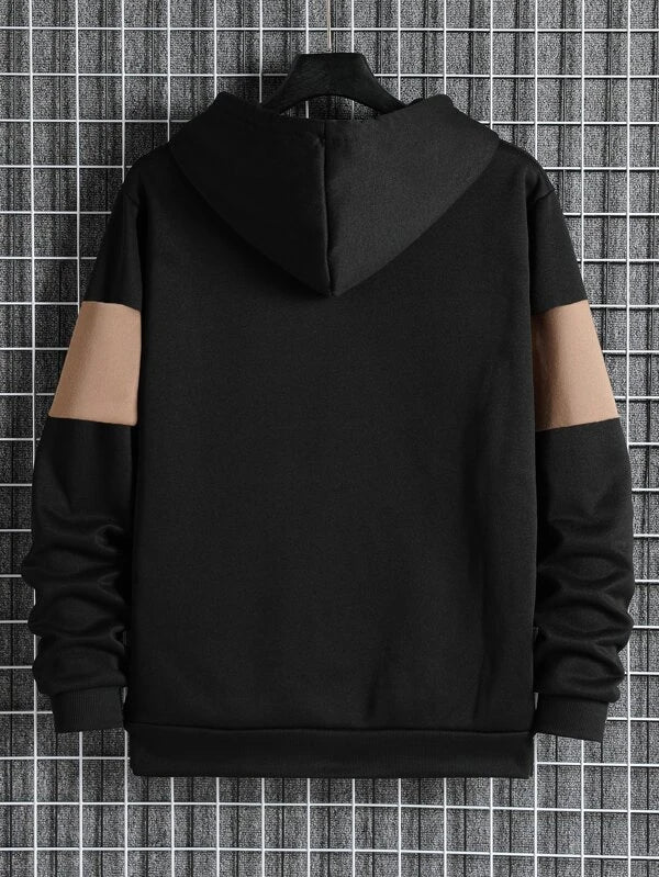 Men Colorblock Zip Up Thermal Lined Drawstring Hoodie