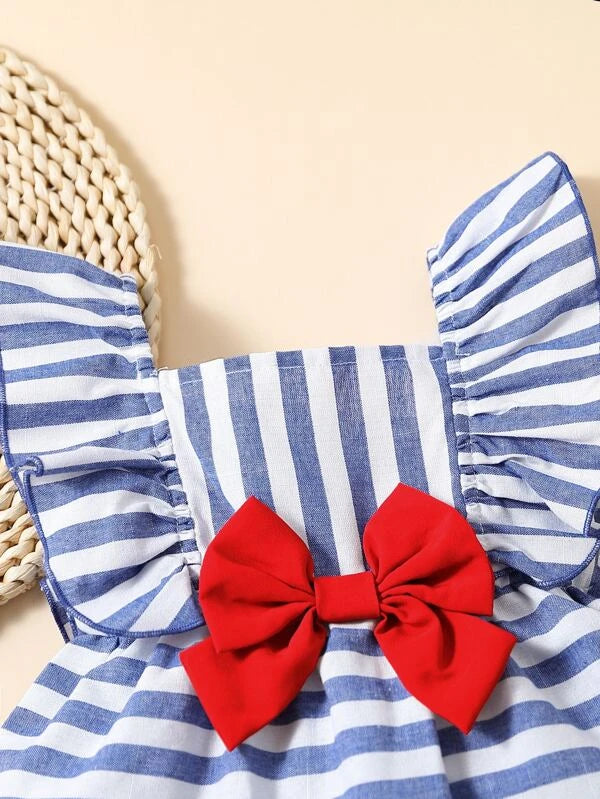 Baby Striped Bow Front Ruffle Hem Dress