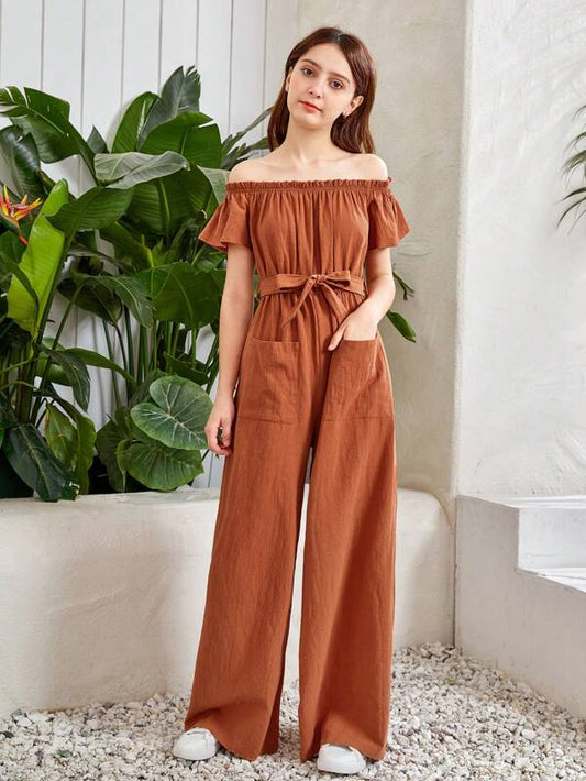 SHEIN Teen Girls Off Shoulder Belted Wide Leg Jumpsuit