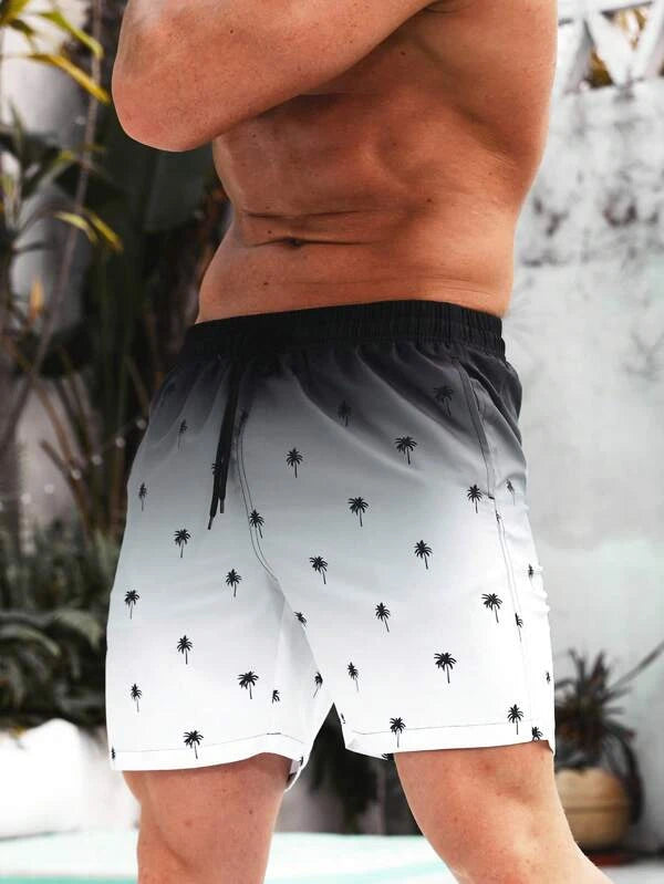 Men Coconut Tree Print Ombre Drawstring Waist Swim Trunks