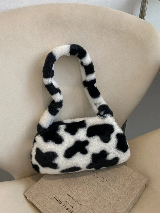 Cow Pattern Fluffy Baguette Bag