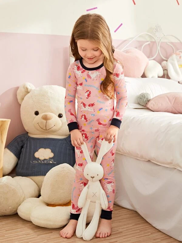 Toddler Girls Unicorn & Letter Graphic Contrast Trim Snug Fit PJ Set