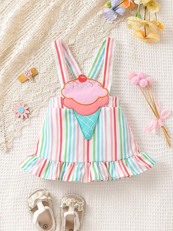 Baby Striped Print Ice Cream Patched Ruffle Hem Overall Dress