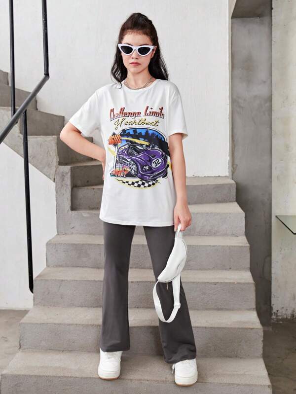 SHEIN Teen Girls Car & Letter Graphic Drop Shoulder Tee & Flare Leg Pants