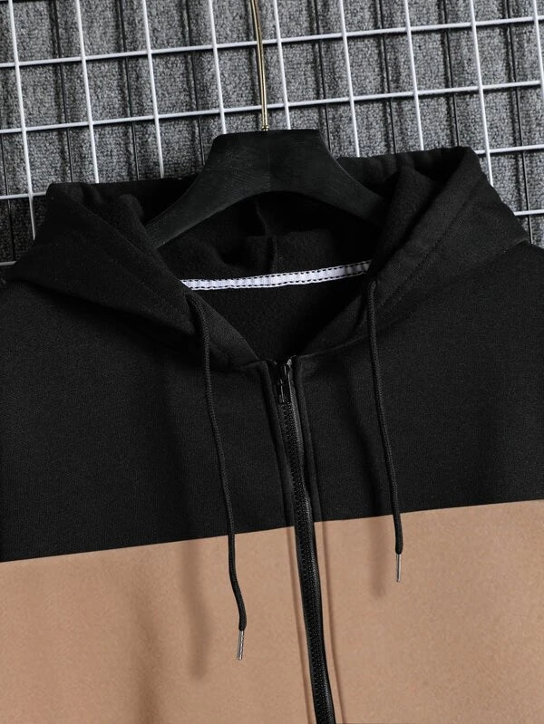 Men Colorblock Zip Up Thermal Lined Drawstring Hoodie