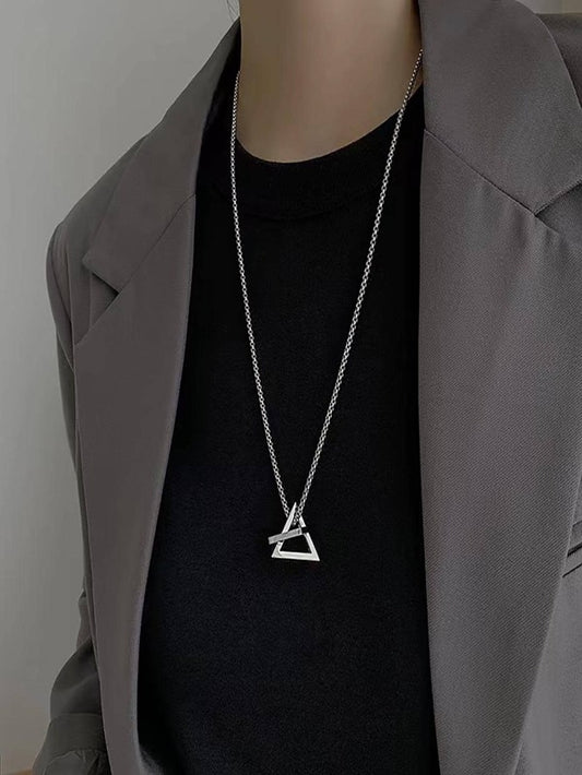 Men Triangle Pendant Necklace Silver Stainless Steel Fashionable Popular Jewelry Gift Party