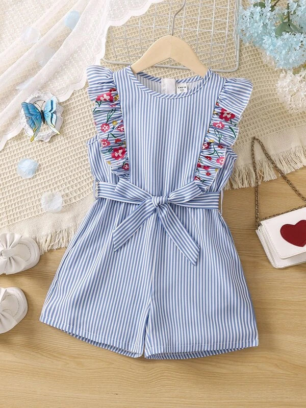 SHEIN Toddler Girls Striped & Floral Print Ruffle Trim Belted Romper