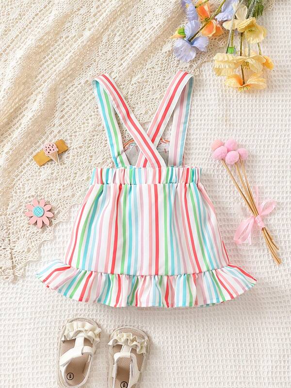 Baby Striped Print Ice Cream Patched Ruffle Hem Overall Dress