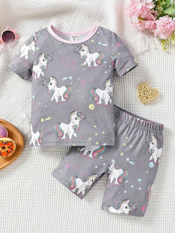 Toddler Girls Unicorn Print Contrast Binding Snug Fit PJ Set