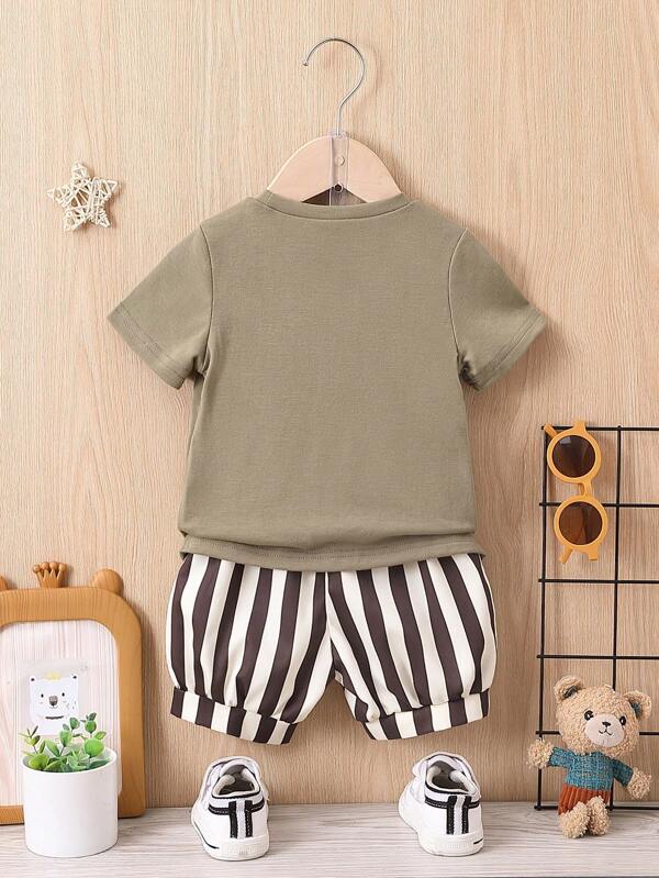 SHEIN Baby Boy Pocket Patched Tee & Striped Shorts