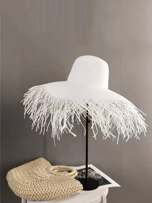 Fringe Trim Straw Hat