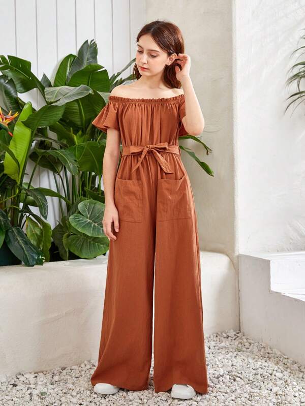 SHEIN Teen Girls Off Shoulder Belted Wide Leg Jumpsuit