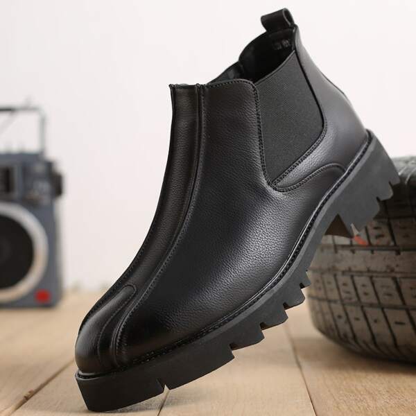 Men's Height Increasing Thick-soled Pu Leather Shoes, Fashion Chelsea Boots, Minimalist Solid Short Boots, Retro Motorcycle Boots, Outdoor Fashion Ankle Boots