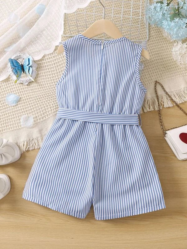 SHEIN Toddler Girls Striped & Floral Print Ruffle Trim Belted Romper