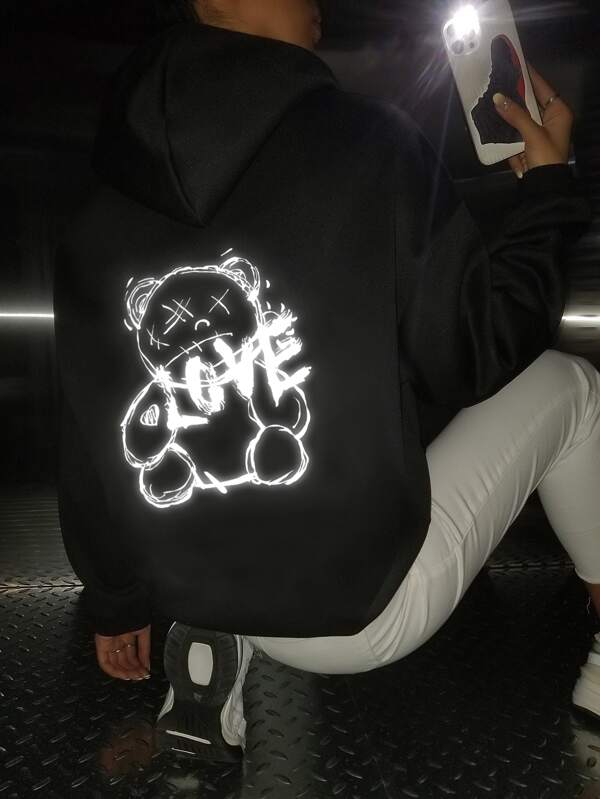 SHEIN Coolane Reflective Cartoon And Letter Graphic Kangaroo Pocket Drawstring Hoodie