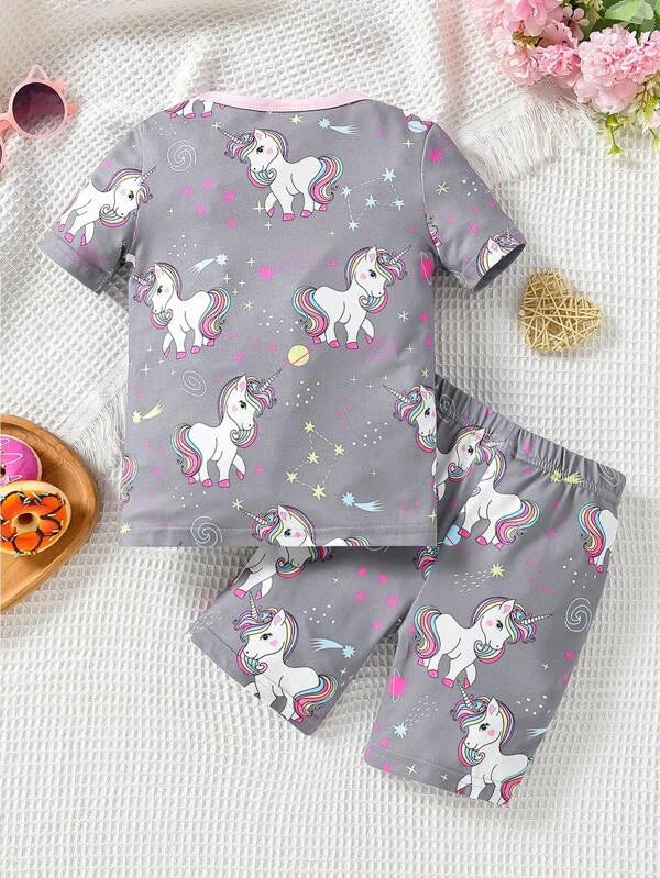 Toddler Girls Unicorn Print Contrast Binding Snug Fit PJ Set