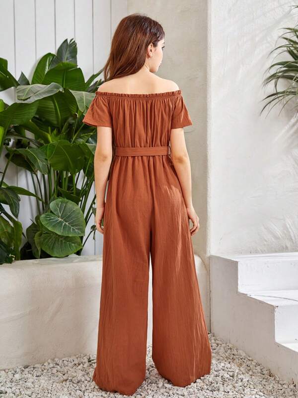 SHEIN Teen Girls Off Shoulder Belted Wide Leg Jumpsuit