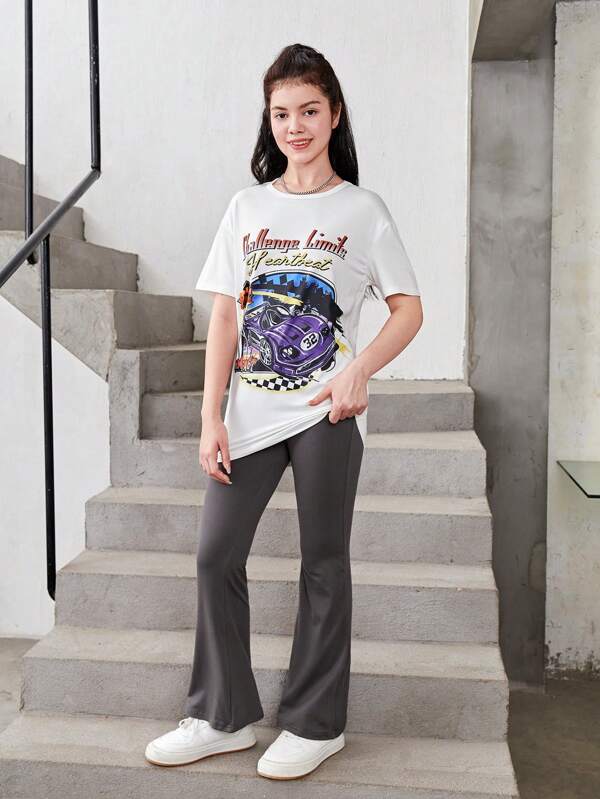 SHEIN Teen Girls Car & Letter Graphic Drop Shoulder Tee & Flare Leg Pants