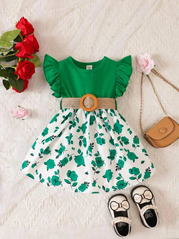 Baby Floral Print Ruffle Trim Belted Dress