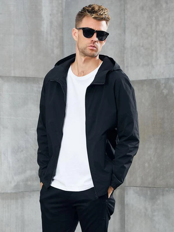 Men Drawstring Hooded Zip Up Jacket