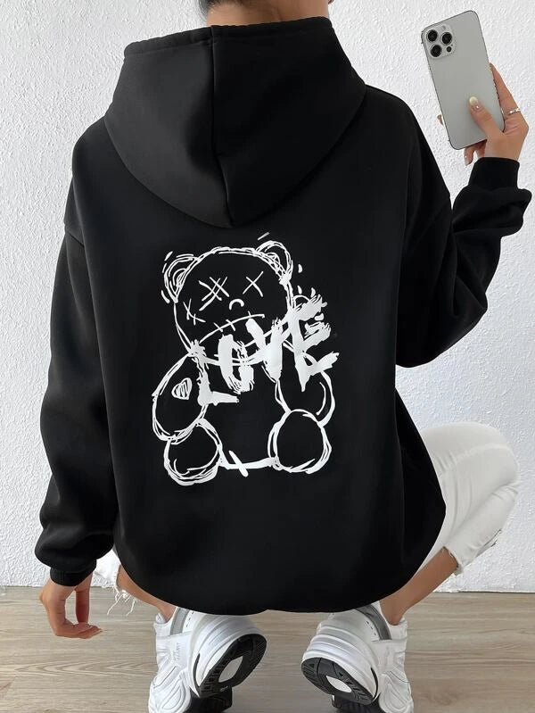 SHEIN Coolane Reflective Cartoon And Letter Graphic Kangaroo Pocket Drawstring Hoodie