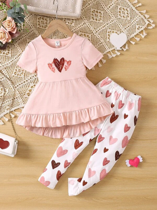 Toddler Girls Heart Print Ruffle Hem Tee & Leggings