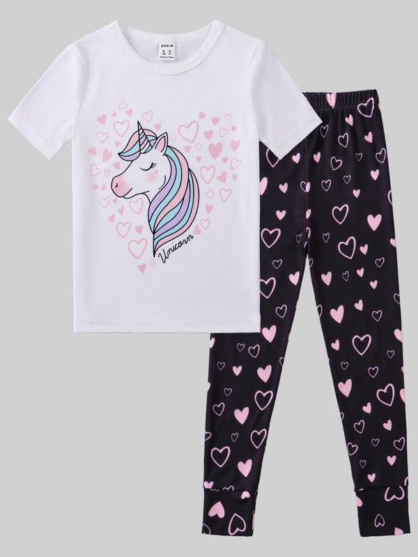 SHEIN Kids QTFun Toddler Girls Heart & Unicorn Print Snug Fit PJ Set