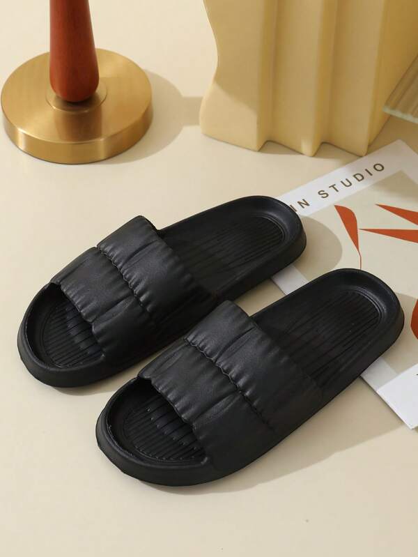 Cool Black Slides For Men, Texture Embossed Single Band EVA Slippers