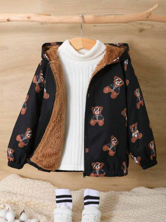SHEIN Young Boy Bear Print Teddy Lined Hooded Jacket Without Sweater