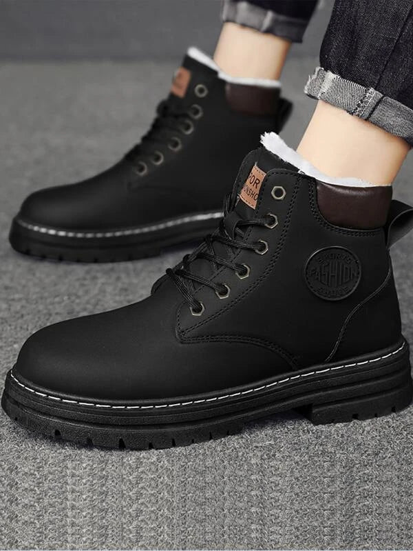 Men Patch Detail Lace-up Front Thermal Lined Combat Boots