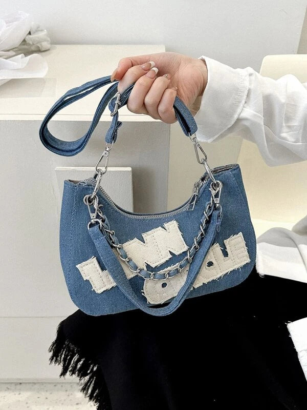 Two Tone Chain Decor Hobo Bag