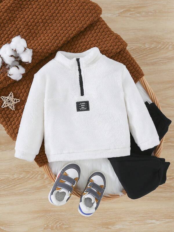 SHEIN Baby Boy Letter Patched Detail Half Zip Teddy Sweatshirt