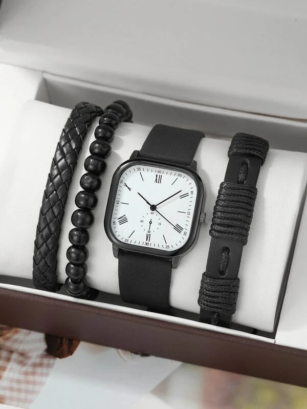 Men Square Pointer Quartz Watch & 3pcs Bracelet