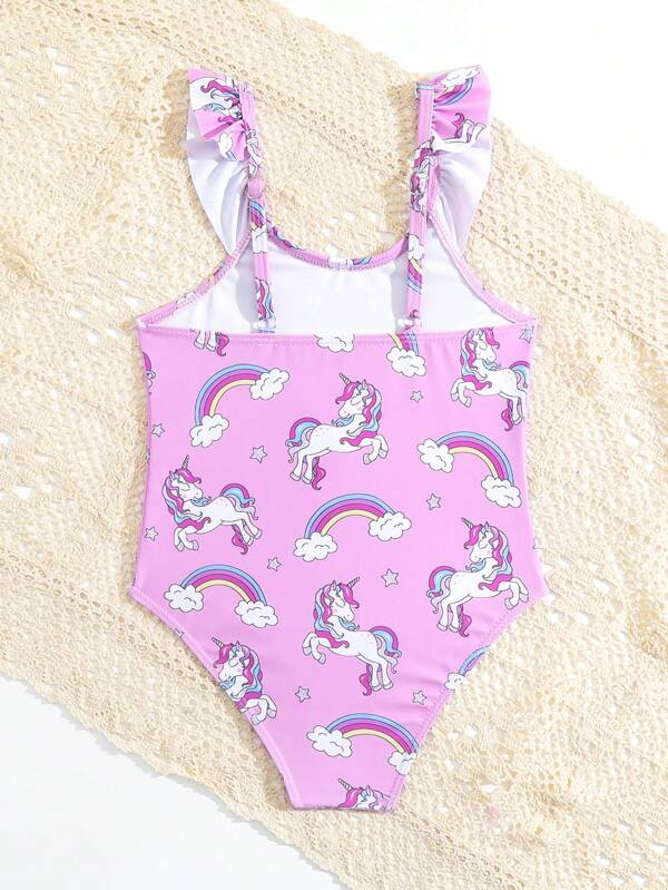 SHEIN Kids QTFun Toddler Girls Unicorn Print Ruffle Trim One Piece Swimsuit