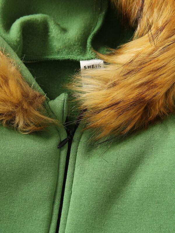 Young Boy Slogan Patched Detail Fuzzy Trim Hooded Jumpsuit & Accessory Hat