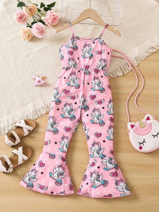 SHEIN Kids QTFun Toddler Girls Unicorn & Heart Print Flare Leg Cami Jumpsuit