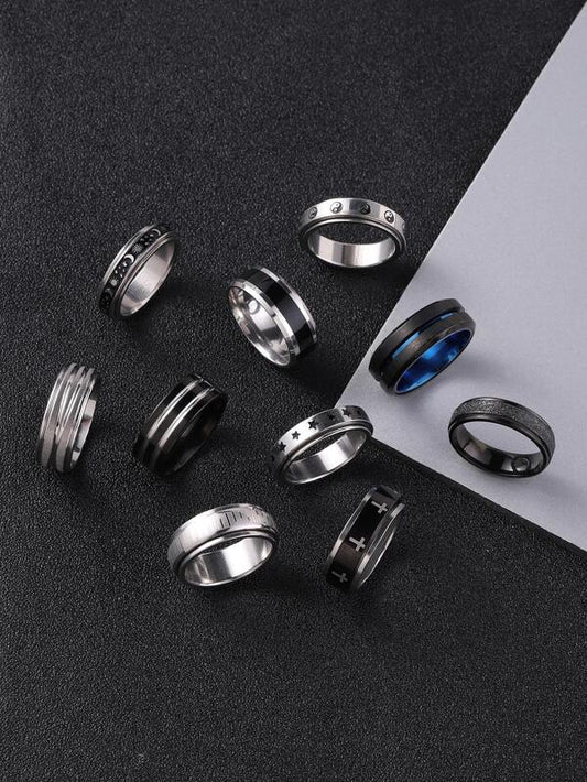 10pcs stainless steel star, yin yang, blue, star and moon, cross pattern rotation decompression ring black gothic minimalist style men's ring set