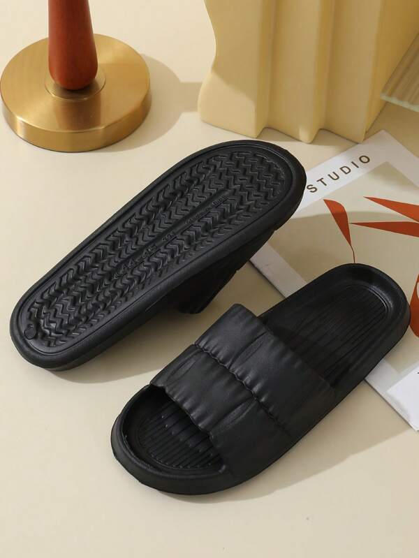 Cool Black Slides For Men, Texture Embossed Single Band EVA Slippers