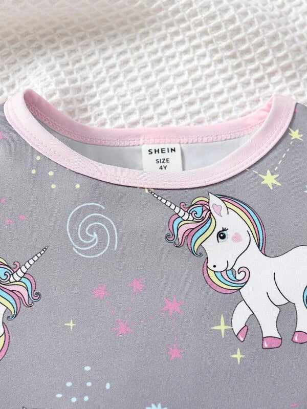 Toddler Girls Unicorn Print Contrast Binding Snug Fit PJ Set